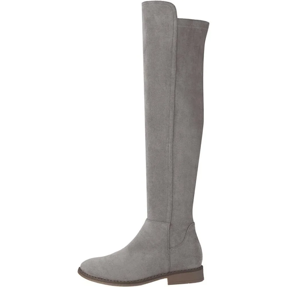 Women Grey Suede Thigh High Over The Knee Flat Low Heel Long Round Toe Boots